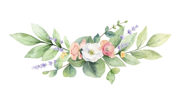 Watercolor wreath of green branches and wildflowers