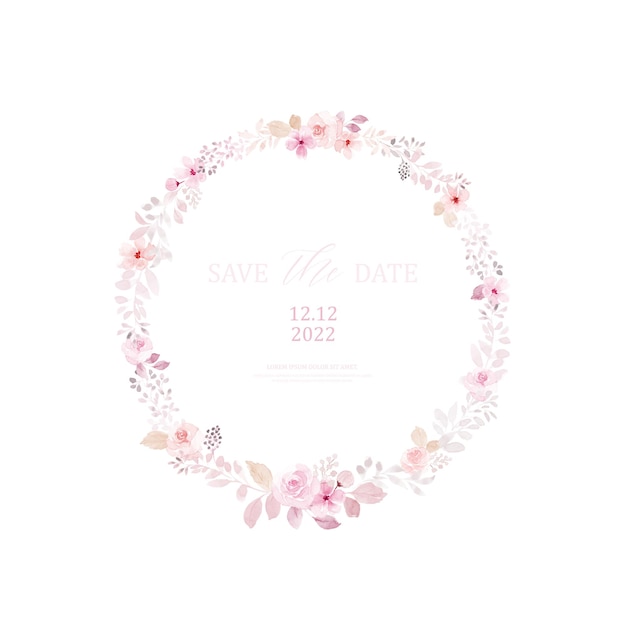 Watercolor wreath of light pink flower and leaves. Watercolor hand-painted with monochrome floral round frame isolated on white background. Suitable for wedding card design, invitation, Save the date