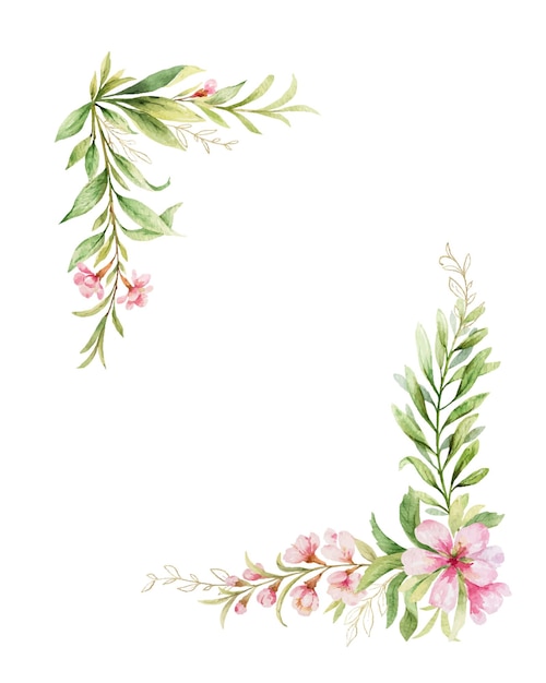 Watercolor wreath of pink flowers and almond leaves