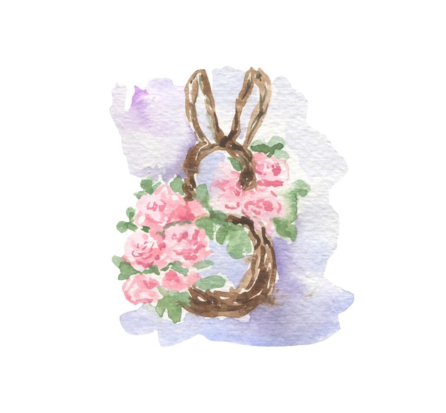 Watercolor wreath of twigs in the form of a rabbit with flowers on a watercolor purple background