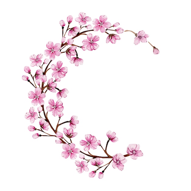 Vector watercolor wreath with blooming pink sakura