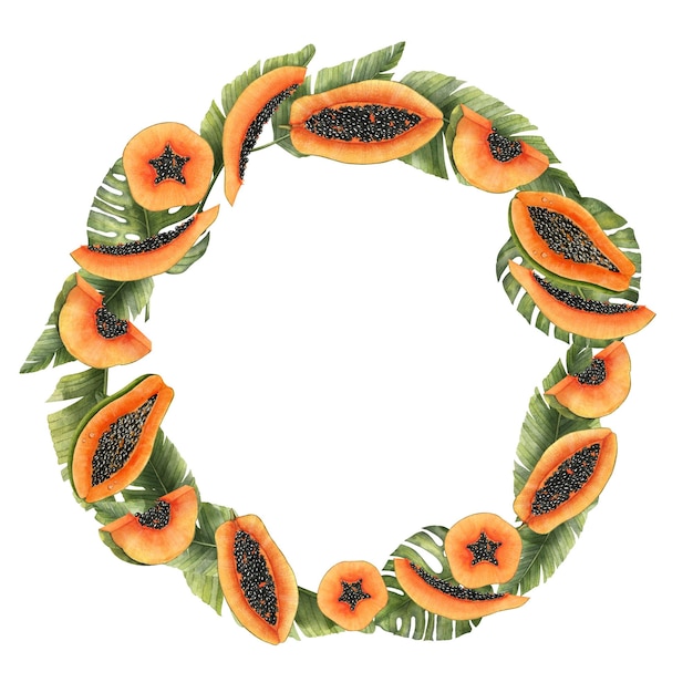 Watercolor Wreath with orange Papaya fruit and green Palm leaves Hand drawn exotic tropical plant