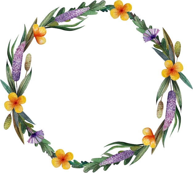 watercolor wreath with wild cornflowers and herbs