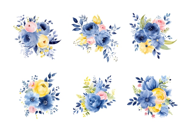 Watercolor yellow and blue flowers set vintage vector