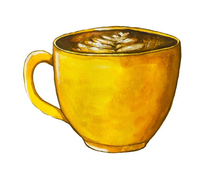 Watercolor yellow  coffee cup with cappuccino.