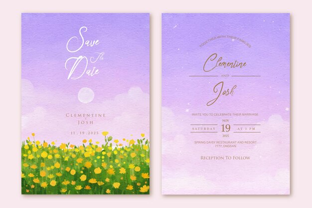 Vector watercolor yellow flower tree purple pastel sky landscape wedding invitation set template
