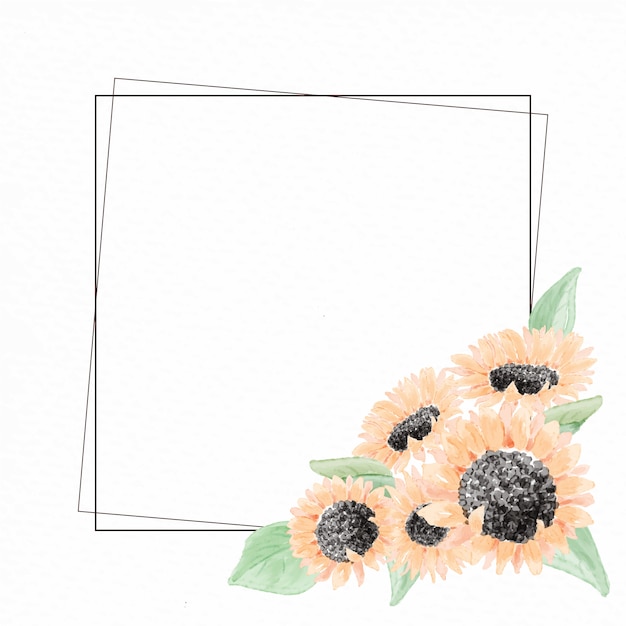 Vector watercolor yellow  sunflower bouquet wreath frame on paper