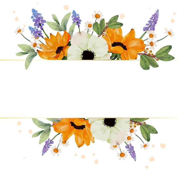 Vector watercolor yellow sunflower and white anemone flower bouquet wreath frame banner background