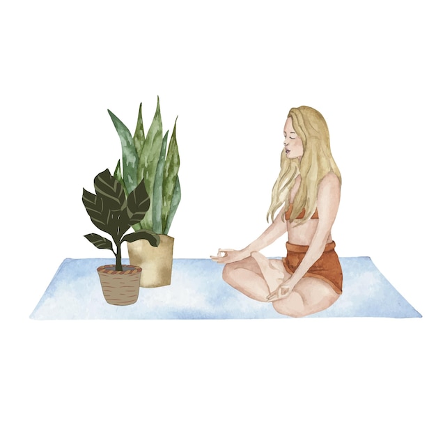 Watercolor yoga girl sitting meditation