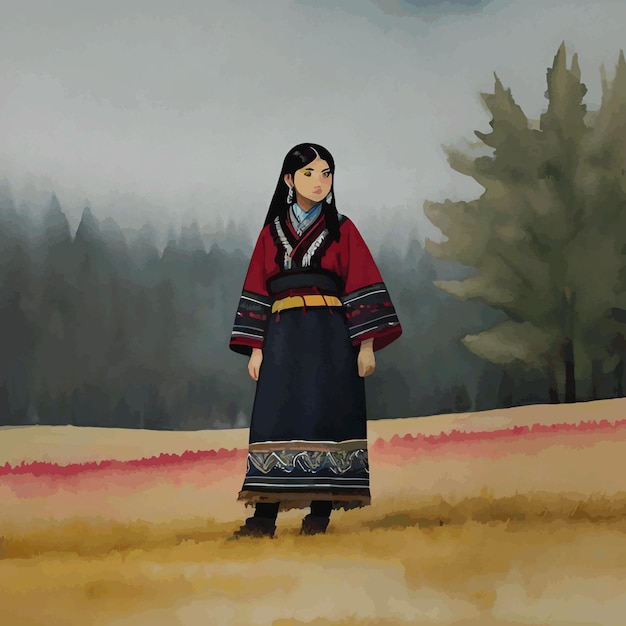 伝統的な服を着た田んぼに立っているアジアの若い女性の水彩画