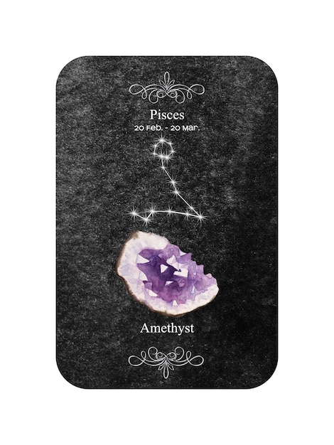 Watercolor zodiac sign Pisces with stone Amethyst on dark black background March birthstone Amethys