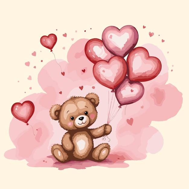 Vector watercolorcute teddy bear with heart in hand