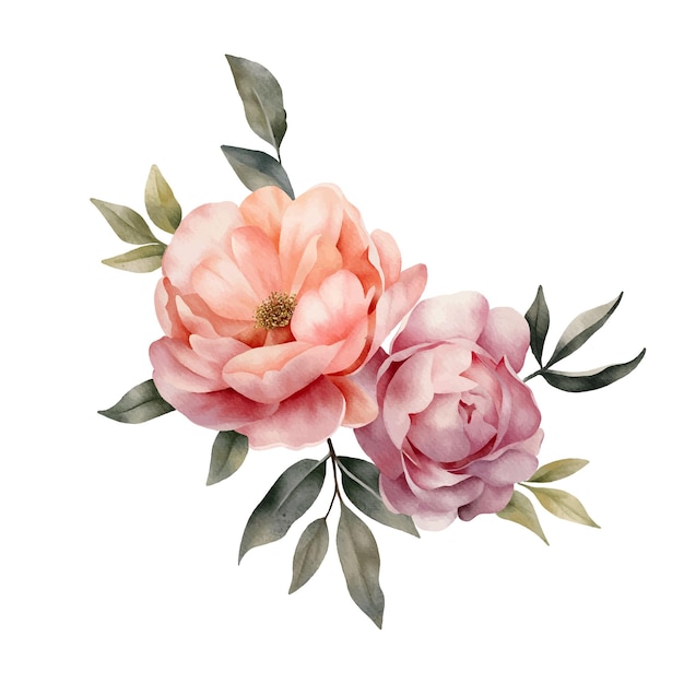 Vector watercolour bouquet of peonies and leaves decorative flowers for wedding greeting card prints