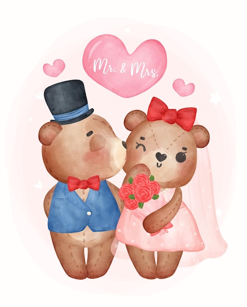 Watercolour cute two couple kissing wedding brown teddy bears in groom and bride mr and mrs cartoon character hand drawing illustration vector