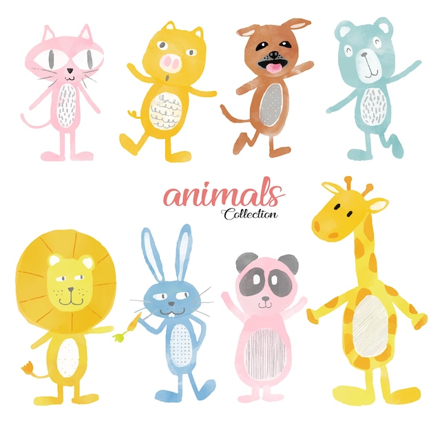 Watercolour cute wild animals set