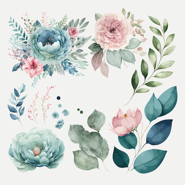Набор акварельных цветочных иллюстраций Шаблон декоративных элементов Плоская карикатура на белом фоне