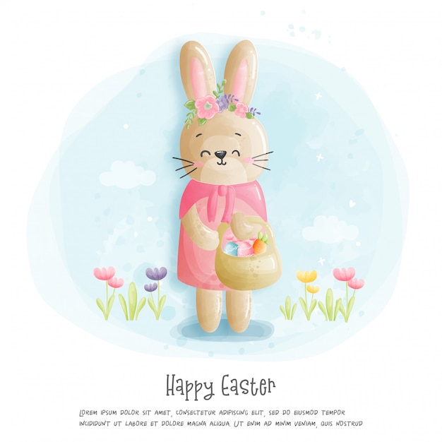 Watercolour Happy Easter card with rabbit   illustration .