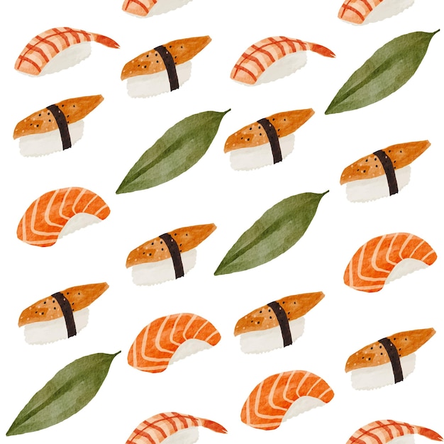 Watercolour nigiri sushi seamless pattern. Asian food background for menu, banner, promotion, paper