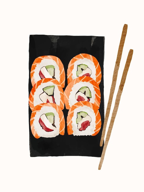 Watercolour salmon sushi roll on black stone plate. Traditional Japanese cuisine. Healthy asian food