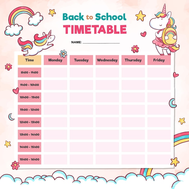 Vector watercolour school timetable in pink elements