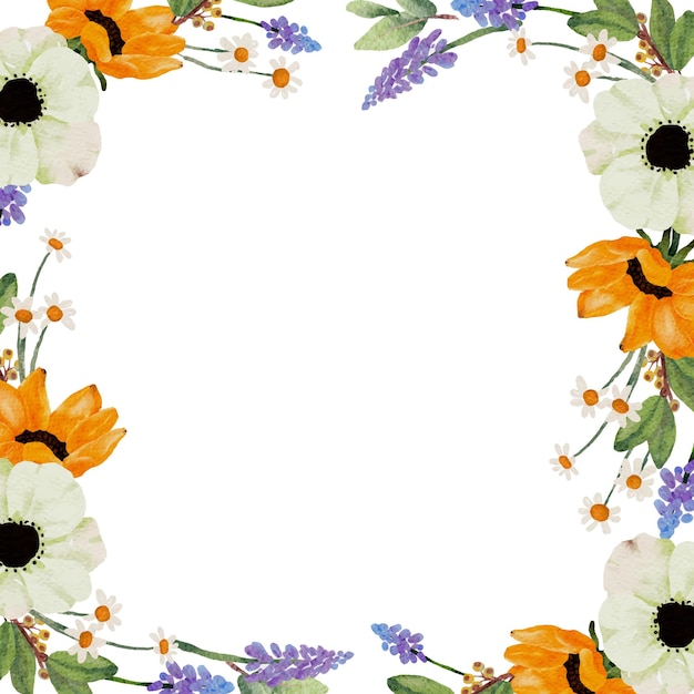 Watercoolor yellow sunflower and white anemone flower bouquet banner background