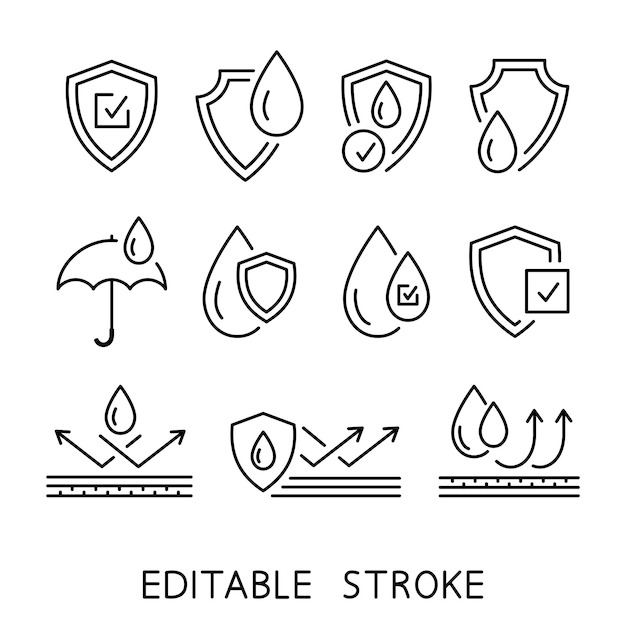 Waterdichte pictogrammen zoals schild, paraplu, vloeistofbestendige lagen. regenbescherming