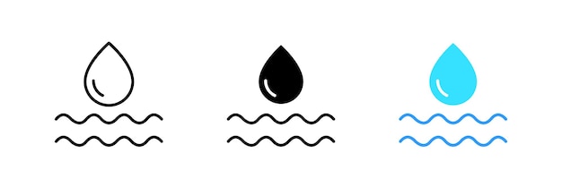 Waterdrop with waves Clean drinking water rain drop water cycle in nature reservoir swimming Vector set icon in line black and colorful styles isolated on white background