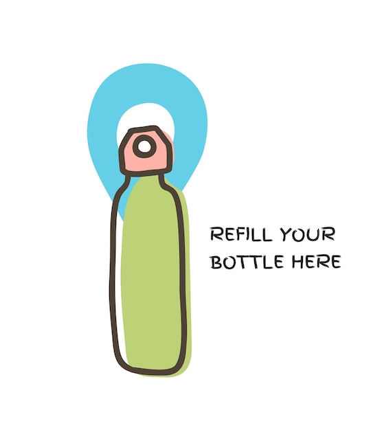 Waterdruppel en fles doodle vector pictogram met locatie symbool vertegenwoordigen fles bijvulpunt