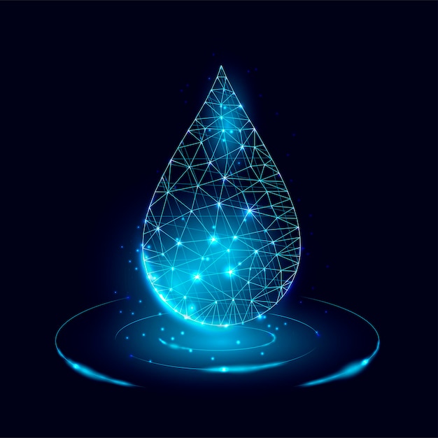 Waterdruppel. Ontwerp in lage polystijl. Wireframe lichte verbindingsstructuur, 3d grafisch concept. Moderne abstracte achtergrond. Geïsoleerd op donkerblauwe achtergrond. vector illustratie