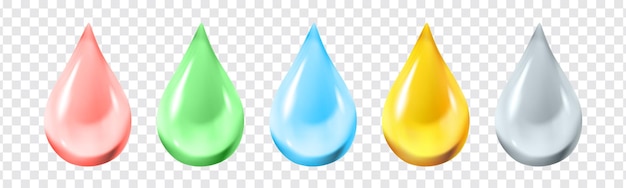 Waterdruppel vector set glanzende 3d transparante geïsoleerde druppel pictogrammen in verschillende kleuren