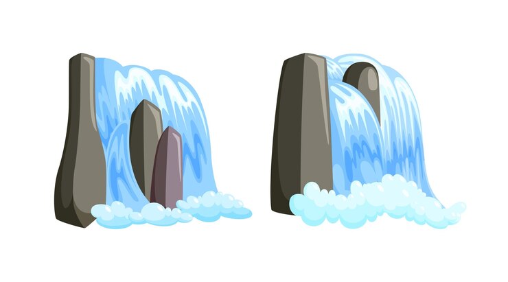 Vector waterfall cascade streaming down with foam set of fairytale cascade of blue water