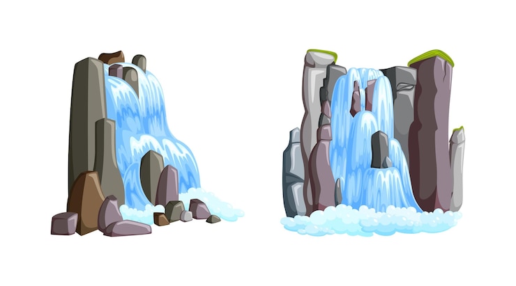 Vector waterfall cascades in mountains with front and side views waterfalls isolated in white background