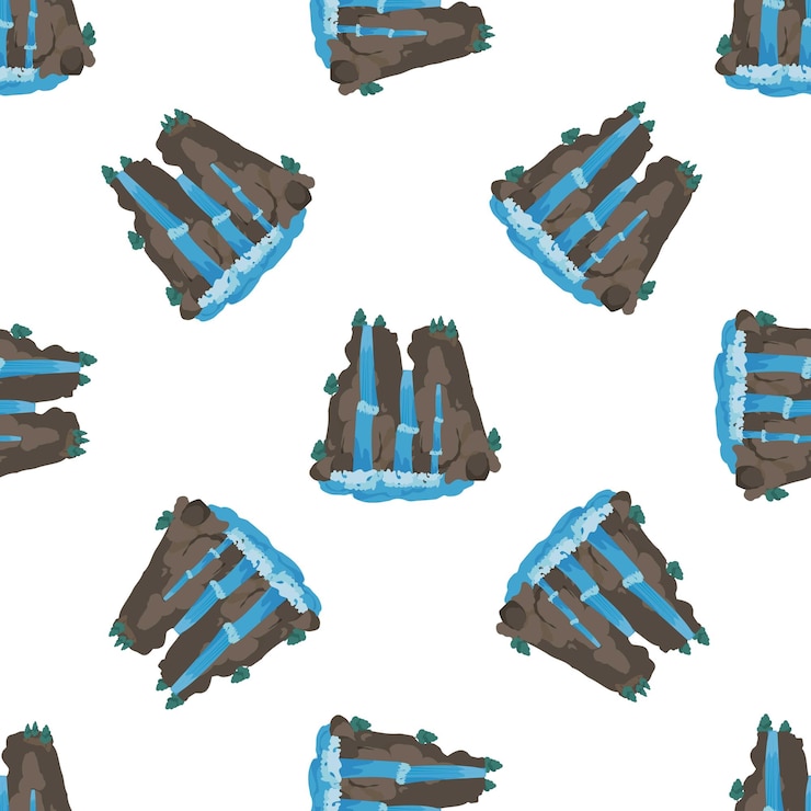 Vector waterfall cascading down rocky mountain seamless pattern on white background