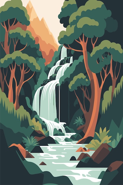 Vector waterfall forest nature tropical background jungle wallpaper