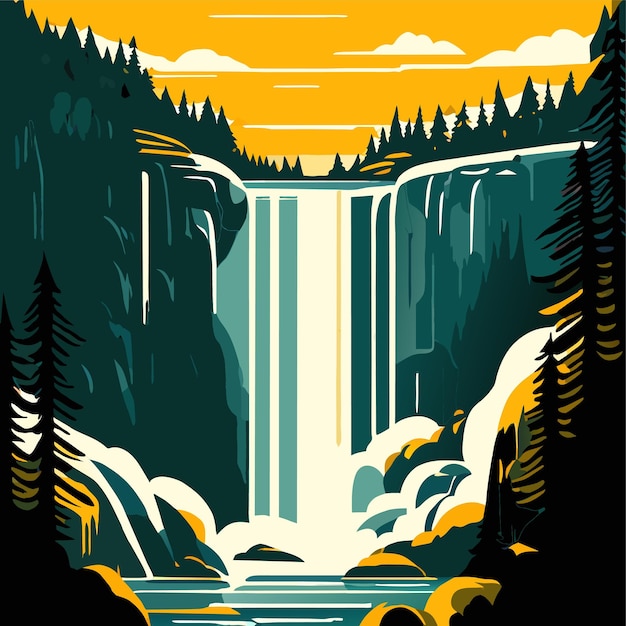Vector waterfall in the forest vector illustration