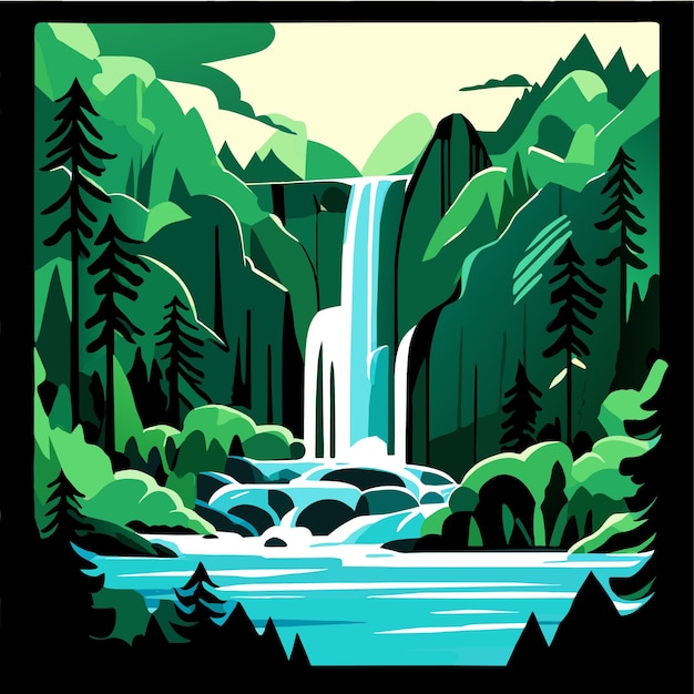 Vector waterfall in the forest vector illustration