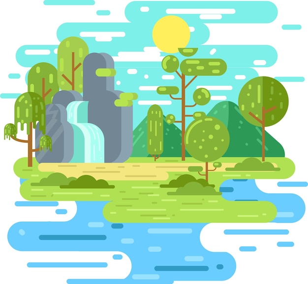 Cascata e foresta con illustrazione design piatto