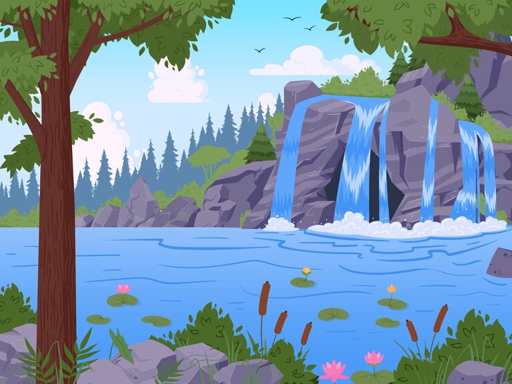 Вектор ландшафт водопада сценарий мультфильма джунглей с водопадами, скалами и зеленью дикая природа вода течет плоский векторный вид иллюстрация тропического водяного каскада фон