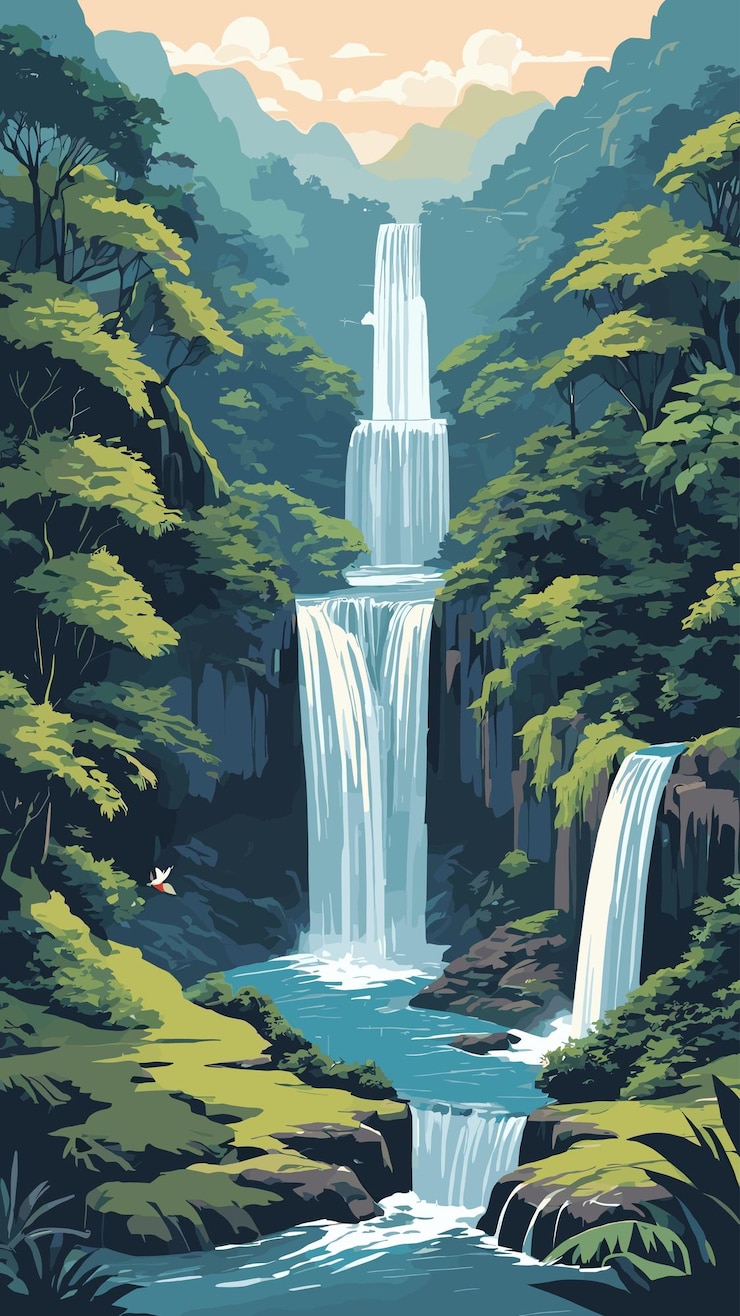 Vector waterfall landscape drawing cartoon artwork vector