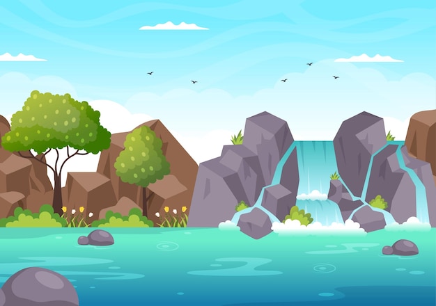 Waterfall landscape of tropical natural scenery with river\
streams or rocky cliff in illustration