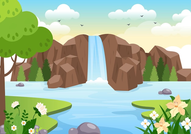 Waterfall landscape of tropical natural scenery with river
streams or rocky cliff in illustration