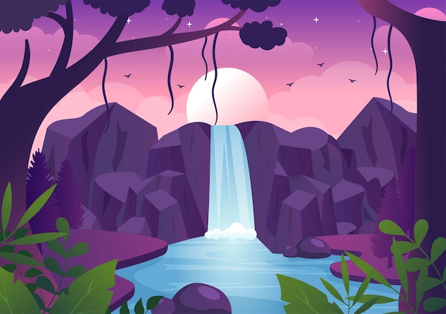 Waterfall Landscape of Tropical Natural Scenery with River Streams or Rocky Cliff in Illustration