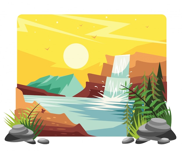 Waterfall landscape vector illustration