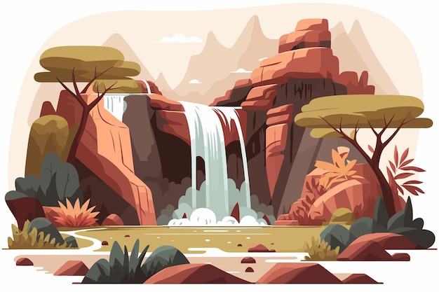 Vector waterfall in the mountains vector illustration in flat cartoon style