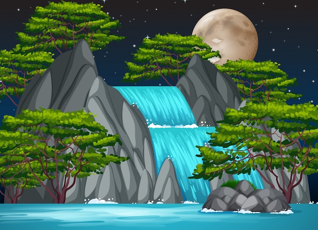 A waterfall at night