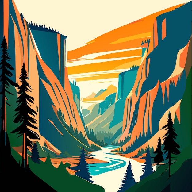 Vector waterfall with mountain and nature vector illustration