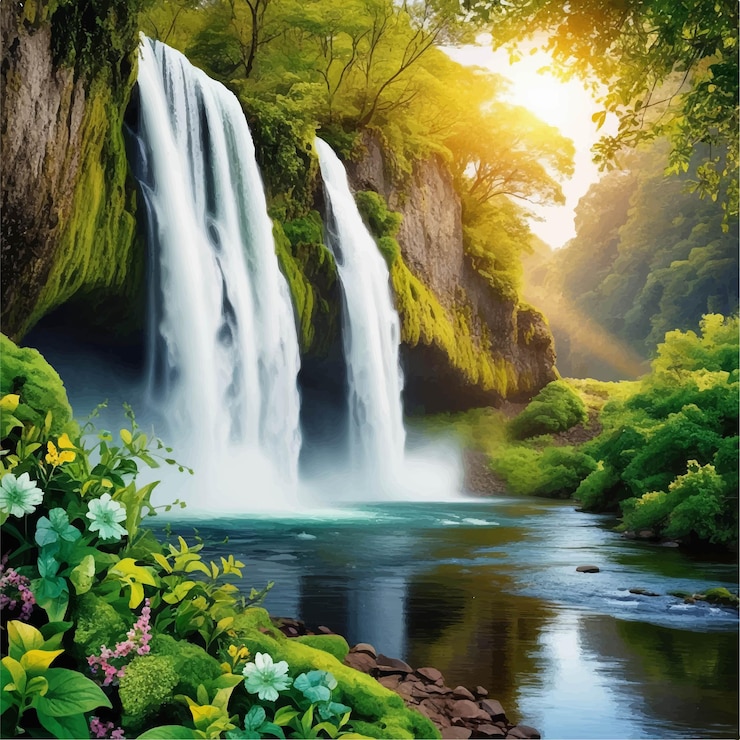 Vector a waterfall with a picture of a waterfall and the sun shining through the trees