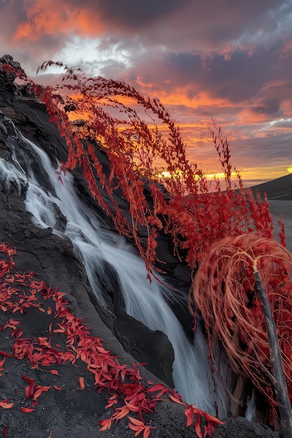 a waterfall with red flowers and a red rock in the foreground