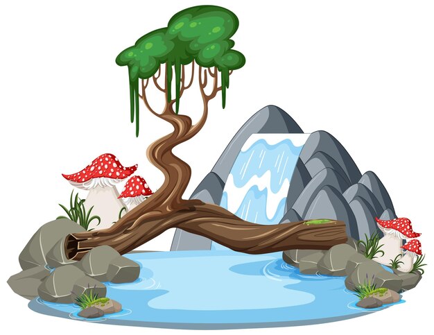 Waterfall with Tree in Cartoon Style