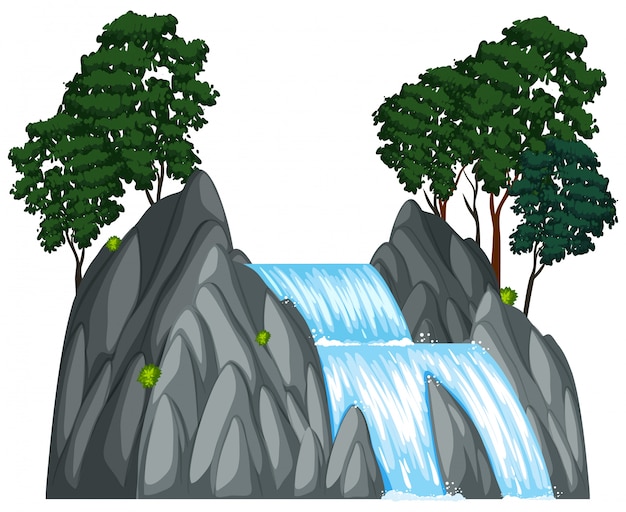 Vector waterfall with two trees on the rock